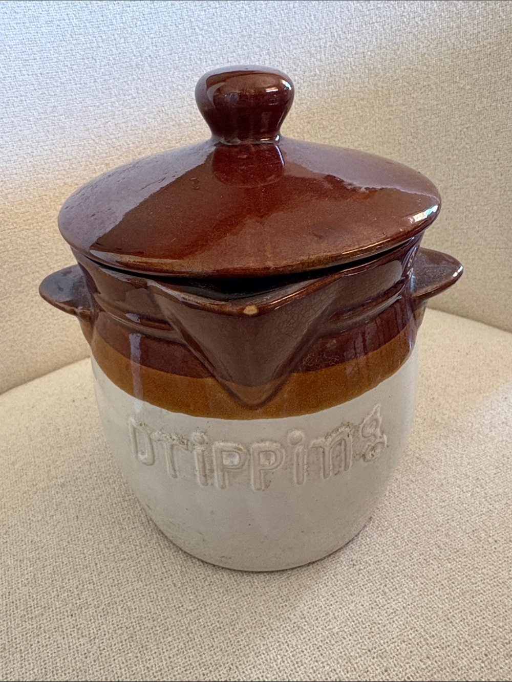 Vintage Dripping Stoneware Jar with Lid - Brown and Cream